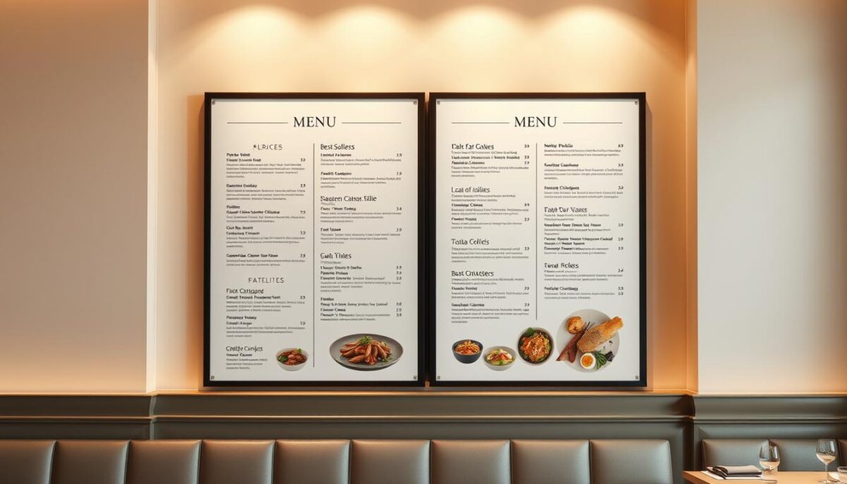 A minimalist yet elegant restaurant menu design with a focus on strategic layout and visual hierarchy. A sleek, modern menu board floats against a soft, pastel backdrop, showcasing carefully curated dishes. Warm, diffused lighting highlights the carefully arranged menu items, emphasizing their mouthwatering appeal. The layout follows the principles of menu engineering, with best-selling dishes prominently displayed. Negative space and clean typography create a sense of sophistication and invites the customer to explore the menu. The overall atmosphere evokes an upscale dining experience, inspiring customers to savor each culinary offering.