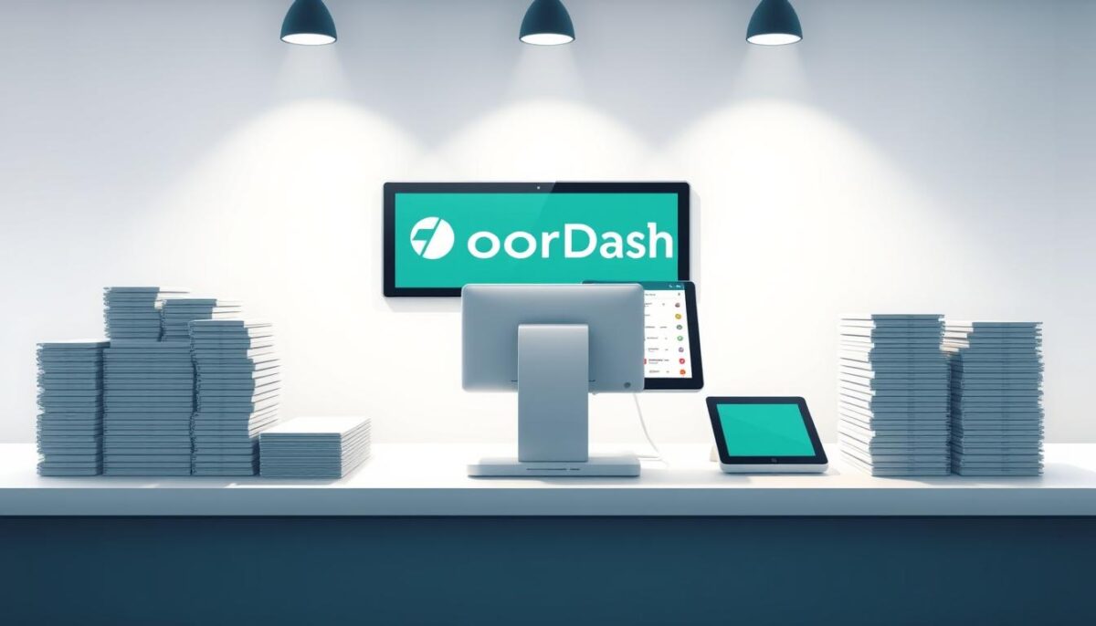 A modern and minimalist illustration of the DoorDash POS integration process. A sleek, white restaurant counter with a touchscreen POS system prominently displayed, surrounded by organized stacks of order tickets and tablets. Behind the counter, the DoorDash app interface is visible on a tablet, seamlessly syncing orders and payment data. Soft, directional lighting illuminates the scene, creating a clean and professional atmosphere. The overall composition emphasizes the streamlined integration between the POS system and the DoorDash platform, reflecting an efficient and time-saving workflow.