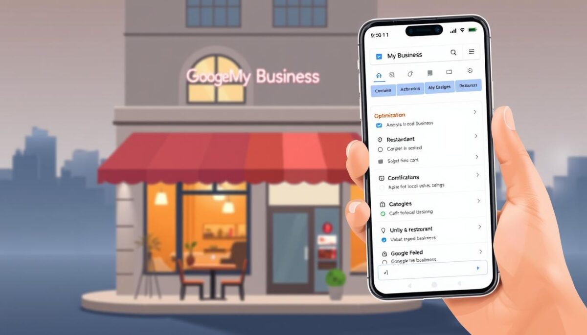A modern and minimalist illustration showcasing the optimization of a Google My Business profile for a restaurant. In the foreground, a mobile device displays the Google My Business dashboard, with various optimization settings and fields highlighted. The middle ground features a stylized restaurant facade, with a warm, inviting ambiance conveyed through soft lighting and attention to architectural details. The background depicts a cityscape, suggesting the local search context. The overall composition strikes a balance between digital and physical elements, highlighting the importance of online presence for brick-and-mortar businesses. The image should convey a sense of professionalism, optimization, and the potential for improved local visibility.