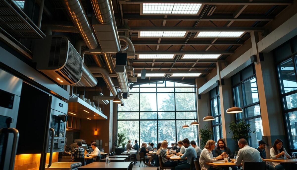 A modern, energy-efficient restaurant interior bathed in warm, ambient lighting. In the foreground, sleek, high-efficiency appliances and HVAC systems seamlessly integrated into the design. In the middle ground, patrons seated at tables enjoying their meals, as natural light streams in through large windows. In the background, exposed beams and high ceilings with strategically placed LED lighting panels, optimizing the use of electricity. The overall atmosphere conveys a sense of comfort, sustainability, and cost-effective operations that contribute to the restaurant's profitability.