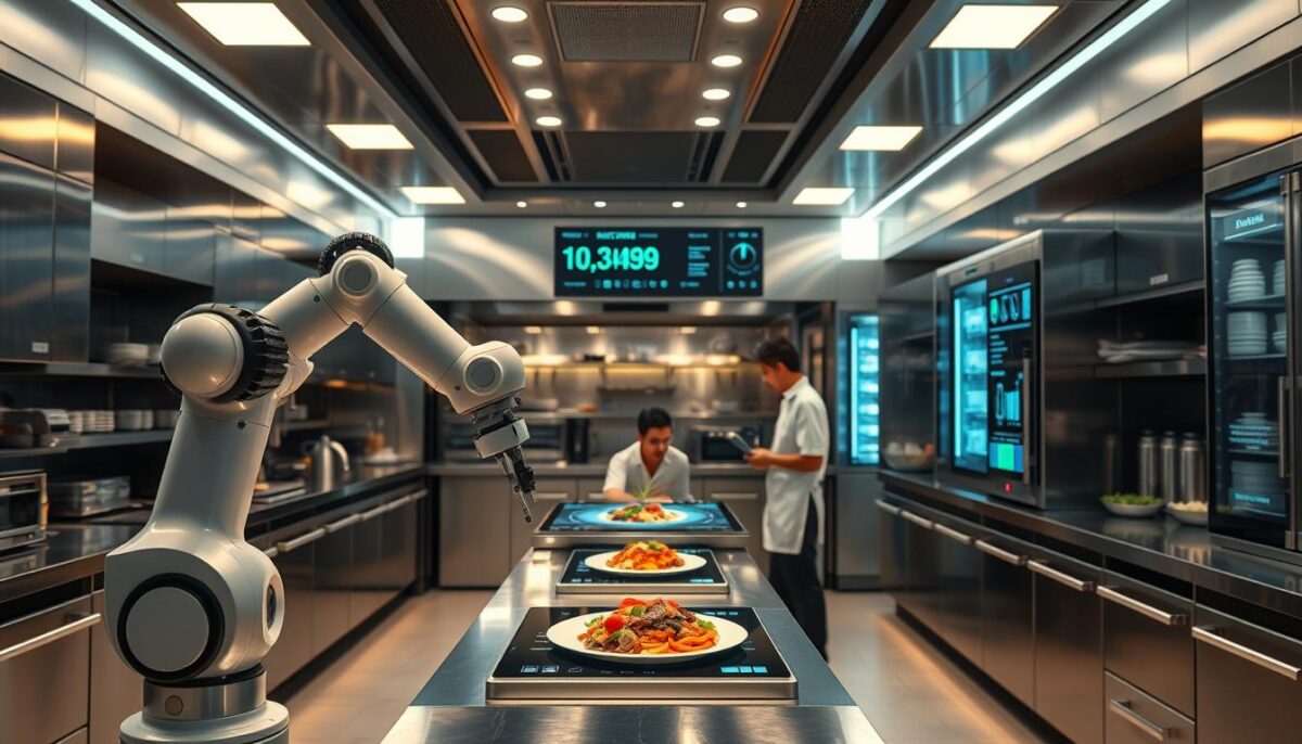 A modern, high-tech ghost kitchen interior with sleek stainless steel appliances, cutting-edge food preparation technology, and intuitive digital displays seamlessly integrated throughout. The kitchen is bathed in a warm, inviting glow from strategically placed lighting fixtures, creating an efficient and organized workflow. In the foreground, a robotic arm meticulously assembles a gourmet dish, while in the middle ground, chefs monitor inventory and order fulfillment on a large touchscreen panel. The background reveals a panoramic view of the kitchen, showcasing the integration of smart sensors, automated inventory systems, and AI-driven logistics - all working in harmony to enable the ghost kitchen's rapid and precise food production.