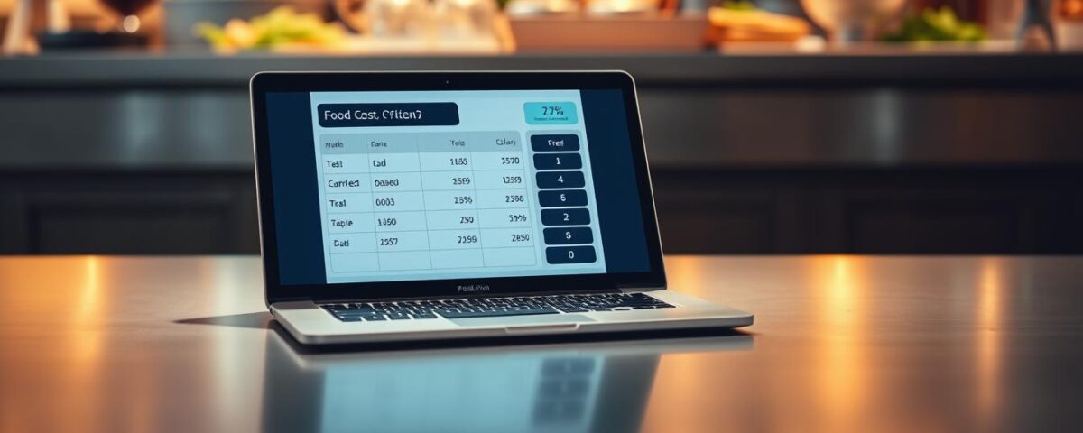A modern, minimalist food-cost calculator interface on a sleek metallic desktop, casting clean shadows. The calculator is the focal point, its digital display prominently showcasing pricing details. The background features a blurred culinary scene, hinting at the calculator's purpose - to help optimize menu pricing for maximum profitability. Warm, directional lighting highlights the calculator's elegant, user-friendly design, conveying a sense of efficiency and precision. The overall atmosphere is one of streamlined practicality, empowering restaurant owners to make informed, data-driven decisions about their food costs.