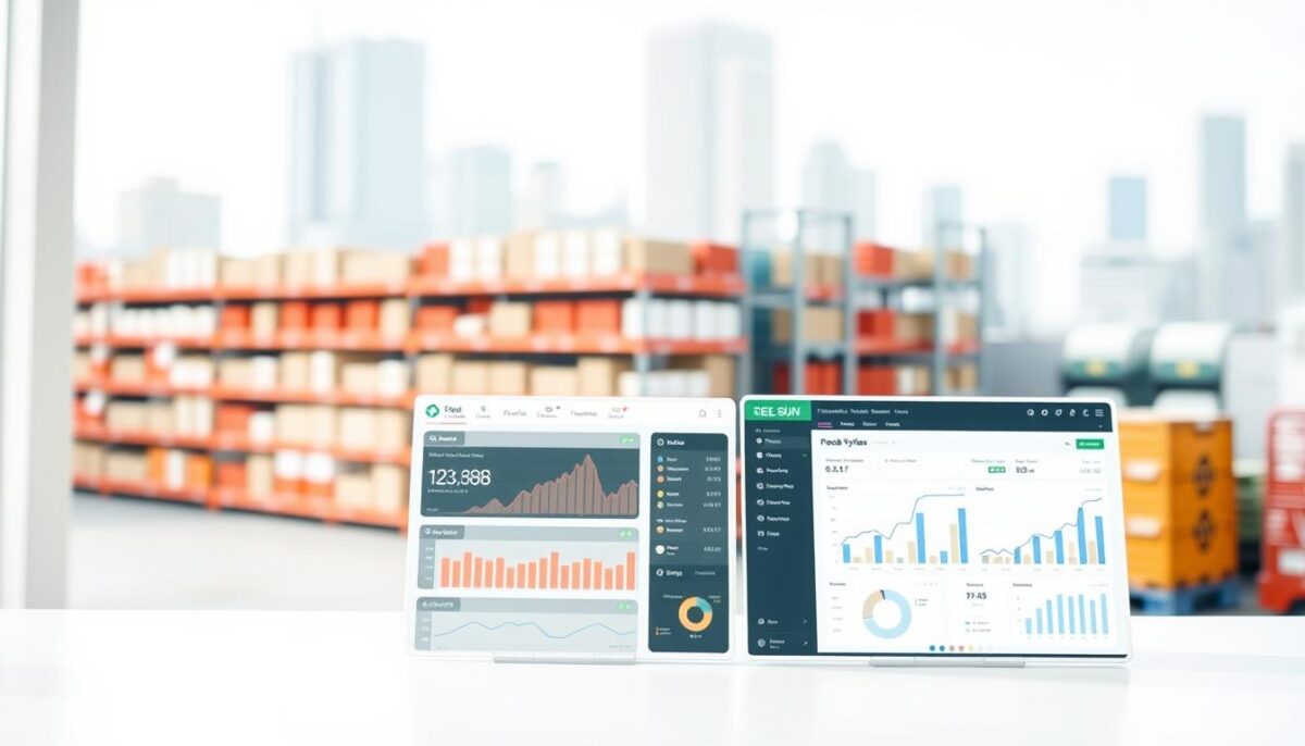 A modern, minimalist inventory management software interface, with a clean white background and a grid of product icons. In the foreground, a series of interactive graphs and charts showcase real-time inventory data and analytics. The middle ground features a sleek dashboard with customizable widgets, allowing the user to track and manage stock levels, sales, and other key metrics. In the background, a blurred cityscape suggests the software's integration with larger business operations. The lighting is natural and diffused, creating a sense of clarity and professionalism. The camera angle is slightly elevated, giving the viewer a bird's-eye perspective of the software's capabilities.