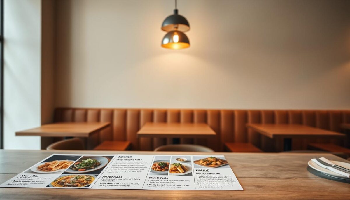 A modern, minimalist restaurant menu layout showcasing various value-conscious meal options. In the foreground, a clean grid of food images and brief descriptions highlighting affordable, high-quality dishes. In the middle ground, a sleek wooden or concrete table surface with simple place settings. The background features a neutral, warm-toned wall, softly illuminated by modern pendant lighting that casts a cozy glow. The overall aesthetic conveys a sense of approachable sophistication, reflecting a dining experience that balances quality and value for the discerning, budget-conscious consumer.