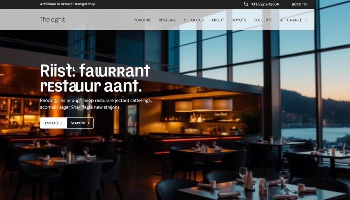 A modern, minimalist website for a chic restaurant, captured in a high-resolution photograph. In the foreground, a large hero image showcases the restaurant's elegant interior, with warm lighting, sleek furniture, and a focal point of the bar or open kitchen. The middle ground features a clean, typography-driven layout with clear navigation and calls-to-action. The background subtly hints at the restaurant's ambiance, perhaps with a glimpse of the exterior or a scenic view through large windows. The overall mood is one of sophistication, attention to detail, and an inviting atmosphere that entices potential diners to explore further.