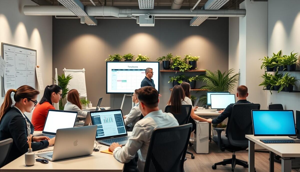 A modern office interior with a team of professionals collaborating on a project to prevent overtime. The foreground features a group of office workers focused on their laptop screens, with a large whiteboard displaying a schedule and time management strategies. The middle ground showcases ergonomic desk setups and adjustable chairs, promoting productivity and well-being. The background is filled with sleek, minimalist decor, including a wall-mounted plant display and subtle lighting accents that create a calming, efficient atmosphere. The overall scene conveys a sense of proactive planning, collaboration, and a commitment to work-life balance.