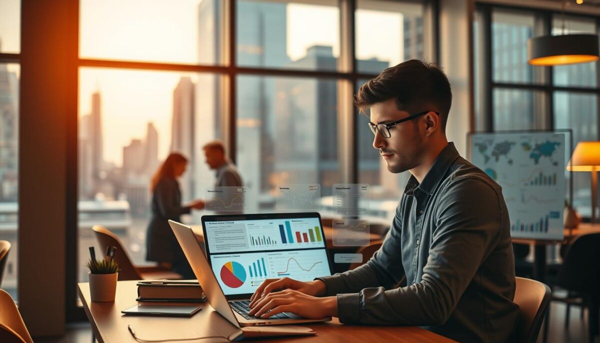 A modern office setting with a large window overlooking a bustling cityscape. In the foreground, a young professional is seated at a desk, intently focused on a laptop screen, surrounded by an array of customer data visualization tools - charts, graphs, and analytical dashboards. The lighting is warm and inviting, casting a soft glow over the scene. The middle ground features a team of colleagues collaborating on customer insights, discussing strategies to enhance personalization and build stronger emotional connections. In the background, the cityscape beyond the window reflects the fast-paced, data-driven nature of the restaurant industry. The atmosphere is one of thoughtful analysis, creative problem-solving, and a determination to drive repeat business through personalized customer experiences.