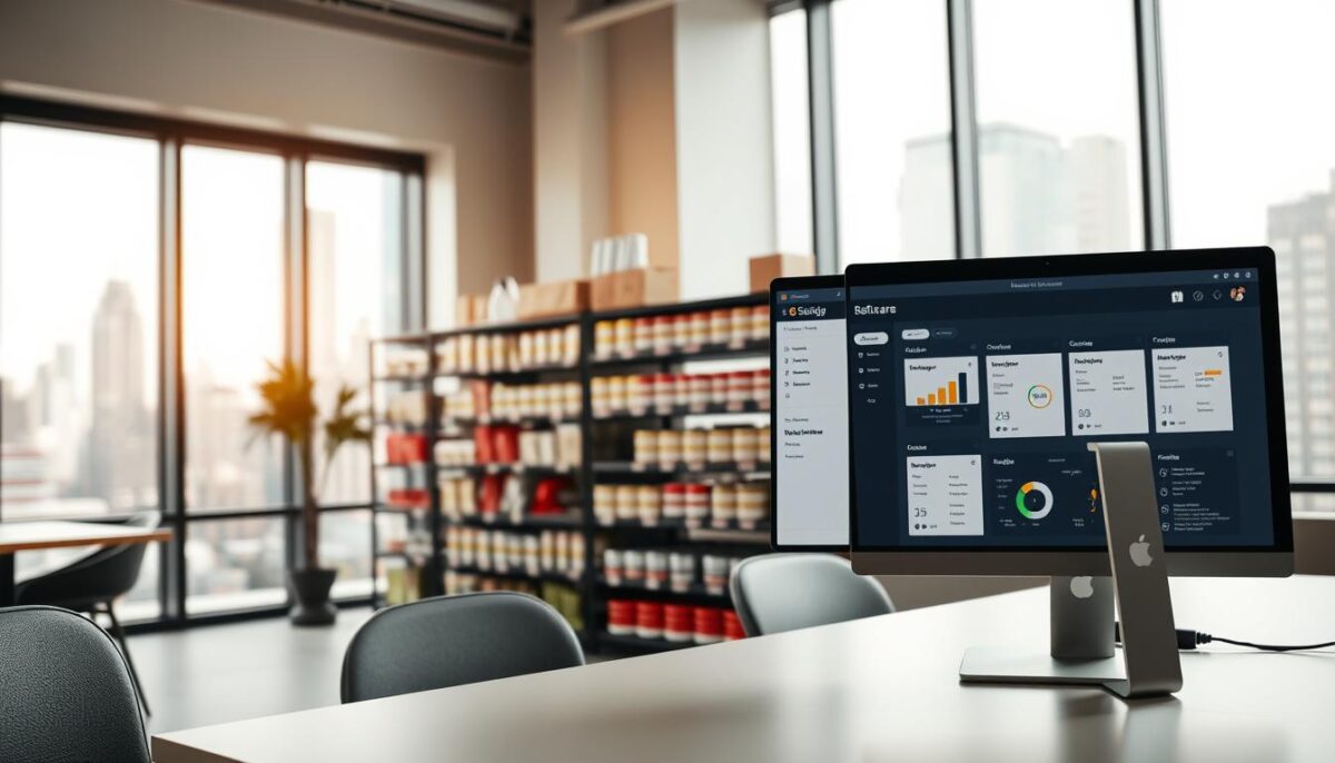 A modern office space with a sleek, minimalist design. In the foreground, a desktop computer displays a restaurant inventory management software interface, showcasing features such as stock tracking, order management, and data analytics. The middle ground features a well-organized storage area with shelves of neatly labeled inventory items. The background is bathed in warm, natural lighting, with large windows overlooking a bustling city skyline. The overall atmosphere conveys efficiency, organization, and a sense of control over the restaurant's operations.