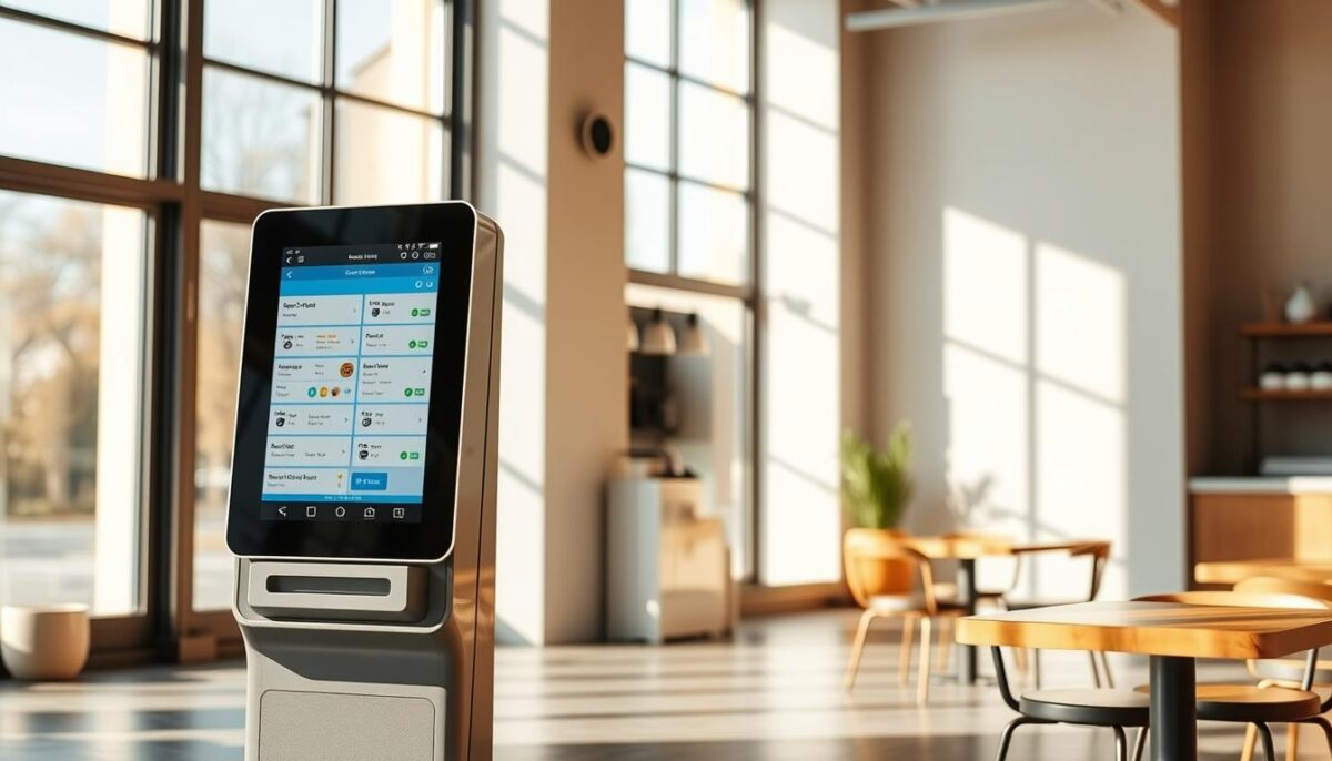 A modern self-order kiosk situated in a well-lit, minimalist cafe setting. The kiosk features a sleek, touchscreen interface with intuitive menu navigation, clear order options, and seamless payment processing. The device is positioned at an ergonomic height, allowing for comfortable interaction. Warm, natural lighting from large windows casts a soft glow, enhancing the user experience. The background showcases a clean, uncluttered space with neutral tones and simple decor, creating a relaxing ambiance that puts the kiosk at the center of attention. The overall design prioritizes user-friendliness, efficiency, and visual appeal to overcome common implementation challenges.