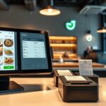 A modern, sleek point-of-sale interface seamlessly integrating DoorDash's food delivery services. In the foreground, a touchscreen display showcases a user-friendly menu with appetizing food images, order management tools, and payment options. The middle ground features various hardware components like a card reader, receipt printer, and a discreet DoorDash logo, all harmoniously arranged on a minimalist countertop. The background depicts a contemporary restaurant setting with clean lines, warm lighting, and subtle branding elements, conveying an atmosphere of efficiency and convenience for both merchants and customers.