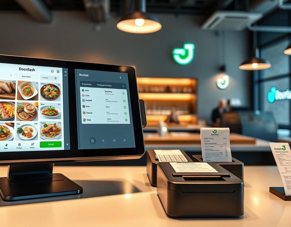 A modern, sleek point-of-sale interface seamlessly integrating DoorDash's food delivery services. In the foreground, a touchscreen display showcases a user-friendly menu with appetizing food images, order management tools, and payment options. The middle ground features various hardware components like a card reader, receipt printer, and a discreet DoorDash logo, all harmoniously arranged on a minimalist countertop. The background depicts a contemporary restaurant setting with clean lines, warm lighting, and subtle branding elements, conveying an atmosphere of efficiency and convenience for both merchants and customers.