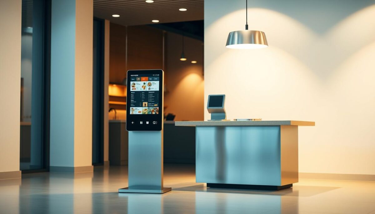 A modern, sleek restaurant kiosk situated in a brightly lit, minimalist environment. The kiosk features a large, touchscreen display mounted on a sturdy, brushed metal frame. The screen displays a user-friendly interface with intuitive menus and options, beckoning customers to place their orders efficiently. The kiosk is positioned in the foreground, with a clean, uncluttered background that allows the technology to take center stage. Soft, diffused lighting from above casts a warm, inviting glow, creating a welcoming atmosphere. The overall composition conveys a sense of simplicity, functionality, and technological integration, reflecting the financial benefits of implementing such a system in a restaurant setting.