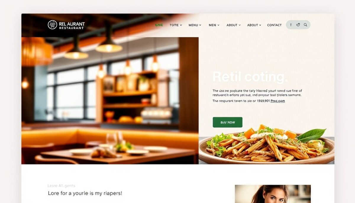A modern, visually-striking restaurant website design with a clean, minimalist layout. The homepage features a large hero image showcasing the restaurant's inviting ambiance and mouthwatering cuisine. In the middle ground, a sleek, responsive navigation menu allows intuitive access to various sections like the menu, about us, and contact details. The background holds a subtle textured pattern that adds depth and sophistication. Warm, natural lighting highlights the high-quality food photography and creates an appetizing atmosphere. The overall design conveys a strong brand identity and a premium dining experience.