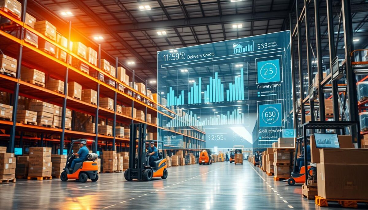 A modern warehouse interior bathed in warm, directional lighting. In the foreground, a transparent screen displays a real-time visualization of product shipments and delivery times, conveying a sense of supply chain transparency. In the middle ground, forklifts move pallets efficiently while workers monitor digital dashboards. The background features state-of-the-art robotic systems and automated conveyor belts, all working in harmony to streamline the distribution process. An atmosphere of technological innovation and data-driven optimization pervades the scene.