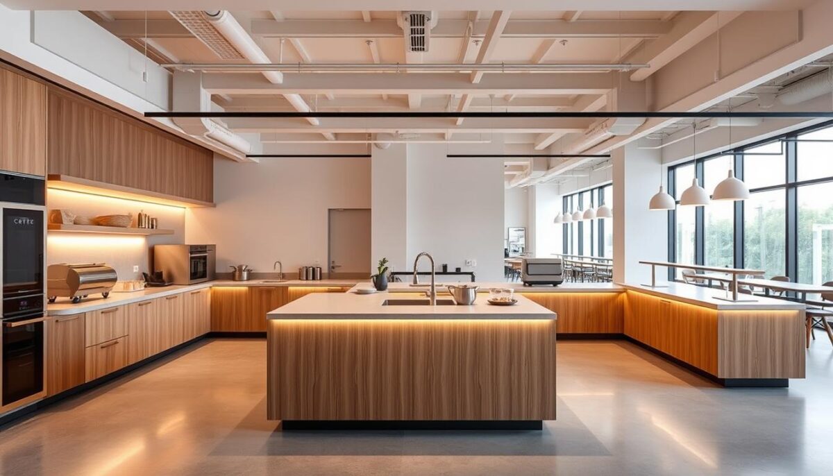 A modern, well-designed ghost kitchen model with a sleek, minimalist aesthetic. The foreground features a central counter with clean lines and a subtle wood grain texture, surrounded by state-of-the-art cooking equipment and prep stations. The middle ground showcases a minimalist, monochromatic color scheme with pops of warm lighting, creating a cozy yet efficient atmosphere. The background depicts a large, open floor plan with high ceilings and ample natural light, lending a sense of spaciousness to the overall setup. The lighting is balanced, with a soft, diffused glow that enhances the modern, professional vibe. The entire scene conveys a harmonious blend of function and design, perfectly suited for the "Coffee Q - Blending Unique Concepts Under One Roof" case study.