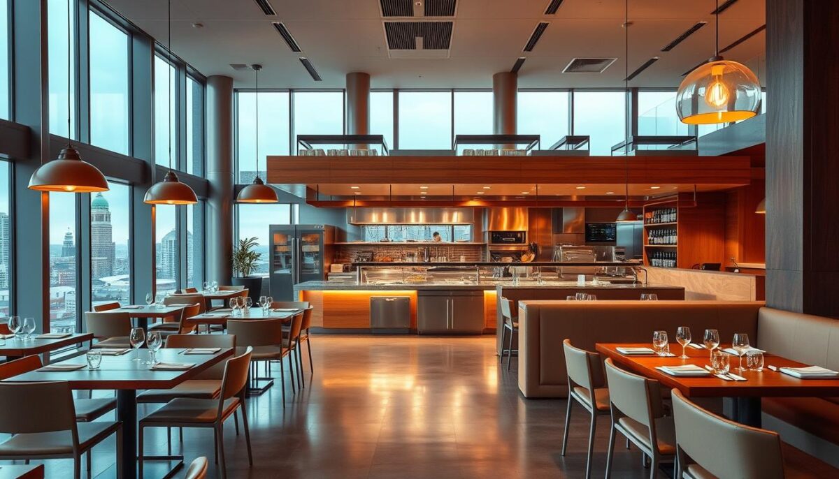 A modern, well-designed restaurant interior with a warm, inviting atmosphere. The foreground features a clean, minimalist dining area with sleek wood and metal furnishings, complemented by soft, ambient lighting from pendant lamps. In the middle ground, a focal point of the space is a large, open kitchen with stainless steel appliances and chefs at work, showcasing the culinary experience. The background showcases floor-to-ceiling windows that provide an abundance of natural light and offer a panoramic view of the cityscape outside, creating a seamless transition between the indoor and outdoor environments. The overall mood is one of sophistication, functionality, and an appreciation for high-quality design.