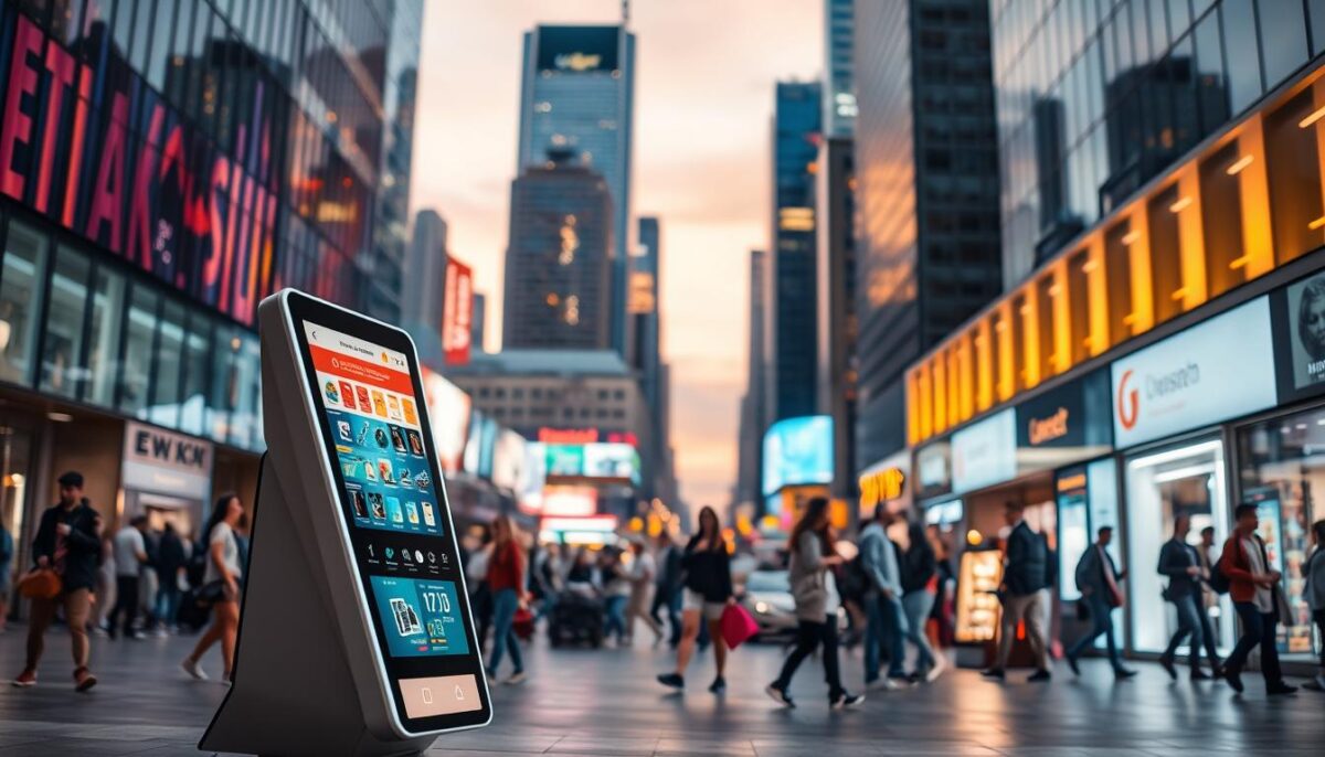 A modern, well-lit kiosk stands in a bustling urban plaza, its sleek design and bright LED displays catching the eye of passersby. The kiosk is positioned prominently, its angled stance and strategically placed signage drawing in potential customers. The foreground features the kiosk's intuitive touchscreen interface, inviting interaction, while the middle ground showcases the kiosk's versatile product offerings, neatly arranged and showcased. In the background, a vibrant cityscape with towering skyscrapers and a lively crowd creates a dynamic, energetic atmosphere, highlighting the kiosk's integration into the thriving commercial landscape. The lighting is warm and even, casting a welcoming glow and accentuating the kiosk's high-tech, professional appearance.