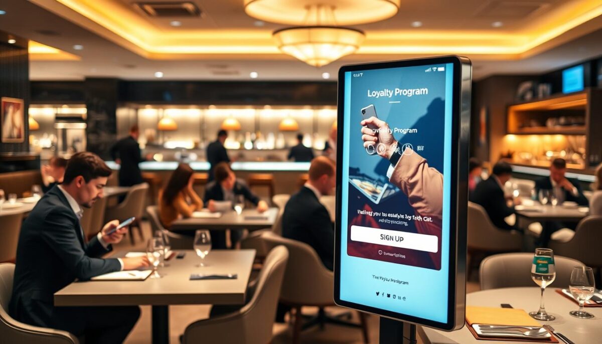 A modern, well-lit restaurant interior with a prominent loyalty program display. In the foreground, a sleek digital screen showcases a loyalty program interface, inviting customers to sign up. In the middle ground, smartly-dressed patrons are seated at tables, reviewing menus and engaging with the loyalty program on their mobile devices. The background features warm, ambient lighting, elegant decor, and a bustling open kitchen, creating an upscale, inviting atmosphere. The overall scene conveys a sense of exclusivity and elevated dining experience, highlighting the value of the restaurant's loyalty program.