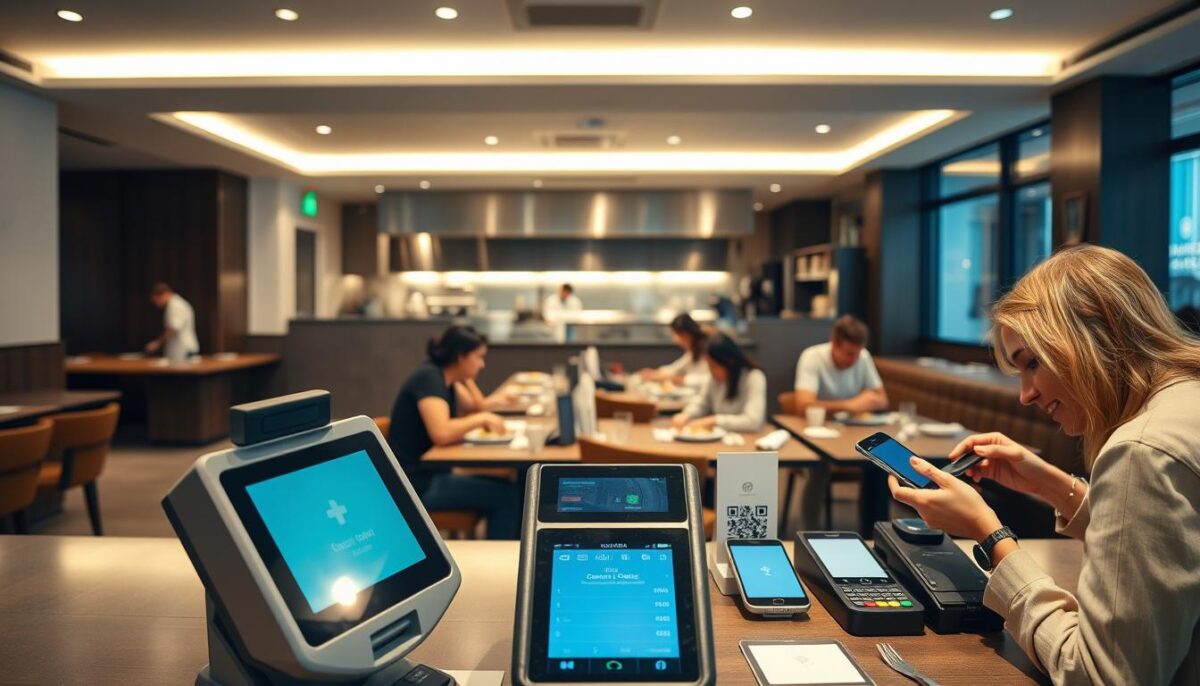 A modern, well-lit restaurant interior with a sleek, minimalist design aesthetic. In the foreground, a central payment terminal with a touch screen display and contactless payment capabilities. Surrounding the terminal, an array of payment options including mobile wallets, QR codes, and physical credit card readers. In the middle ground, a row of tables with diners enjoying their meals, their payment devices discreetly integrated into the table surfaces. The background features an open kitchen with chefs working efficiently, creating a sense of activity and energy. The overall mood is one of efficiency, convenience, and a seamless customer experience.