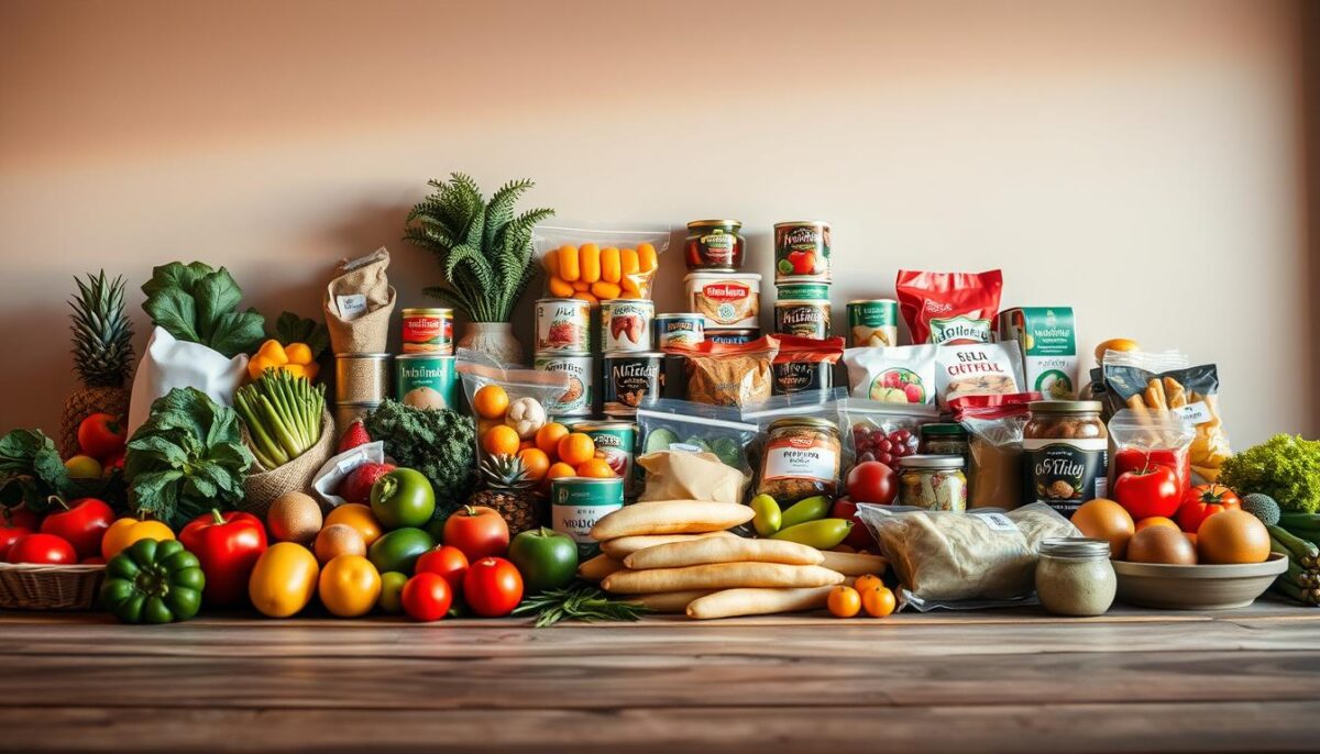 A neatly arranged assortment of premium and value-priced wholesale food items, including fresh produce, canned goods, and pantry staples. The items are displayed on a wooden surface, bathed in warm, natural lighting that creates a cozy, inviting atmosphere. The foreground showcases a variety of vibrant fruits and vegetables, while the middle ground features an array of canned goods and packaged products. In the background, a subtle gradient fades into a soft, neutral color, allowing the food items to take center stage. The overall composition conveys a sense of quality, abundance, and the perfect balance of high-end and budget-friendly ingredients for a successful restaurant operation.