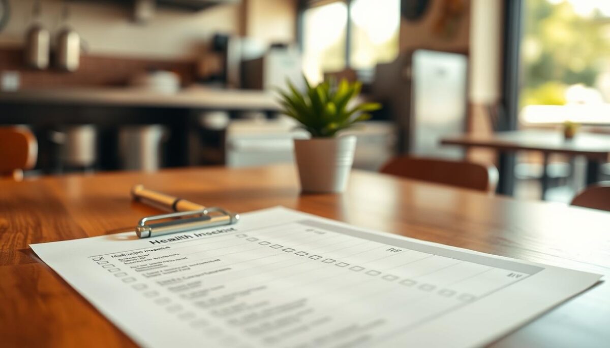 A neatly organized health inspection checklist laying on a wooden table, bathed in warm, natural lighting. The checklist features clearly printed sections and checkboxes, inviting closer inspection. In the middle ground, a pristine stainless steel kitchen utensil and a small potted plant add a touch of professionalism and attention to detail. The background is blurred, focusing the viewer's attention on the essential elements of the scene. The overall atmosphere conveys a sense of order, cleanliness, and a commitment to compliance with health regulations, befitting a restaurant preparing for a thorough inspection.