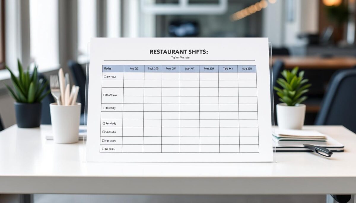 A neatly organized, well-lit restaurant shift template displayed on a clean, modern office desk. The template features a grid-like layout with clearly defined sections for roles, shift hours, and daily tasks. The design is minimalist, with a color palette of muted blues and grays, conveying a sense of professionalism and efficiency. The template is positioned against a blurred background, allowing the focus to remain on the content. The overall atmosphere is one of thoughtful organization and attention to detail, reflecting the need to create effective shift schedules that optimize staffing and reduce overtime costs.