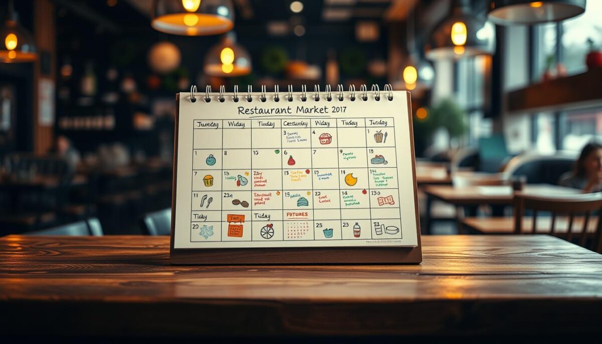 A restaurant marketing calendar displayed on a wooden surface, illuminated by warm overhead lighting. The calendar features hand-drawn icons and colorful designs, highlighting key promotional dates for holidays and seasonal events. The background is a blurred, cozy cafe setting, with the calendar taking center stage as the focal point. The overall mood is inviting and visually appealing, reflecting the thoughtful planning and creativity that goes into a successful holiday campaign.
