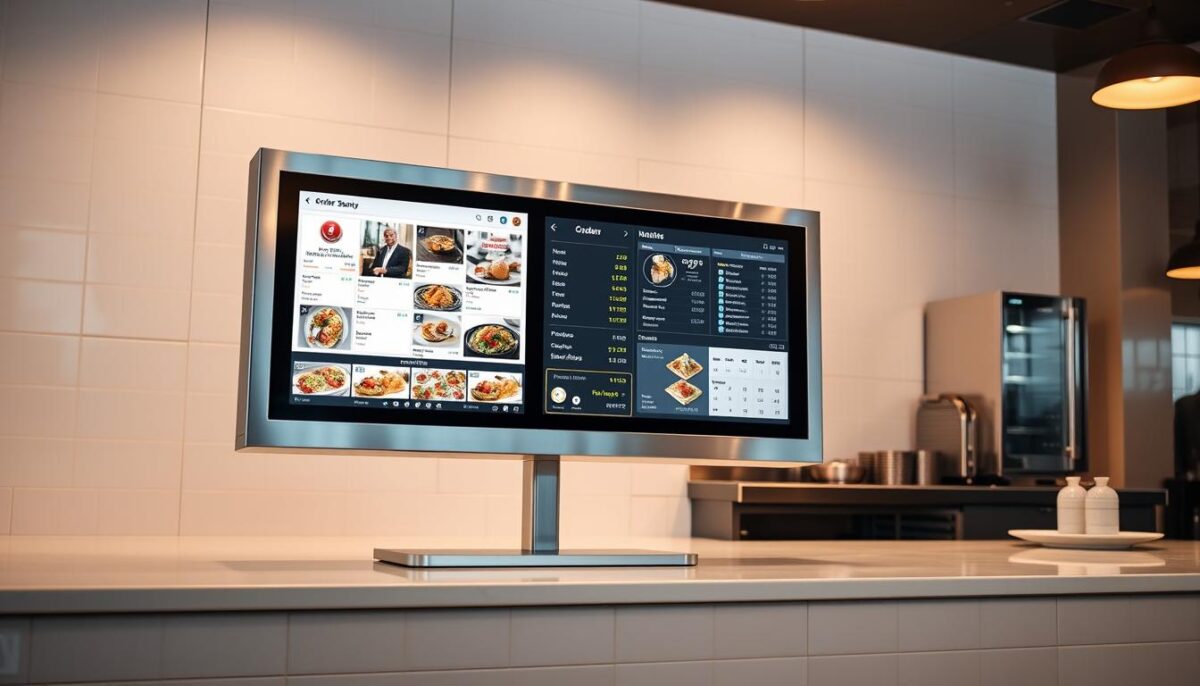 A sleek and modern kitchen display system, showcasing a large touchscreen interface mounted on a polished stainless steel frame. The display shows detailed menu items, order status, and real-time sales data, illuminated by warm, focused lighting from above. The system is situated on a clean, tiled countertop, seamlessly integrated into the restaurant's minimalist, contemporary design. The overall scene conveys efficiency, technological advancement, and a premium dining experience.