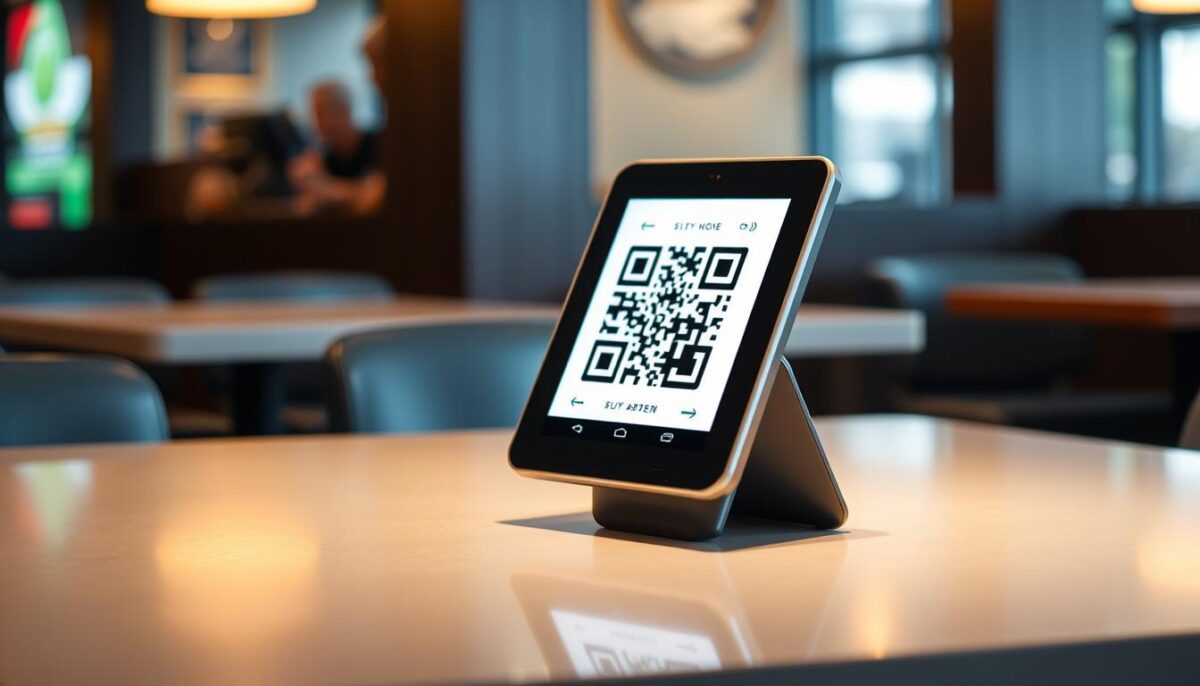 A sleek, modern QR code ordering system stands prominently on a restaurant table, its sharp edges and clean lines reflecting the ambient lighting. The QR code itself is prominent, inviting customers to seamlessly place their orders from their own devices. The table surface is a smooth, neutral-toned material, allowing the ordering system to take center stage. The background is slightly blurred, keeping the focus on the intuitive and user-friendly interface of the QR code system. Subtle shadows and highlights accentuate the depth and dimensionality of the setup, creating a visually appealing and technologically advanced dining experience.