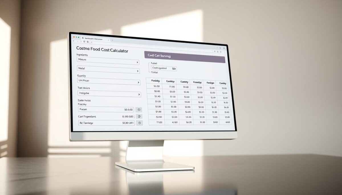 A sleek, modern food cost calculator interface displayed on a high-resolution computer monitor. The screen shows a clean, minimalist design with intuitive input fields and clearly labeled sections for ingredients, quantities, and unit prices. The results are presented in a well-organized table, highlighting the total cost, cost per serving, and other relevant metrics. Soft, directional lighting creates depth and emphasizes the screen's crisp details. The monitor is placed on a smooth, reflective surface, creating a sense of depth and sophistication. The overall mood is professional, efficient, and tailored to the needs of a chef or restaurant manager seeking to optimize their food costs.