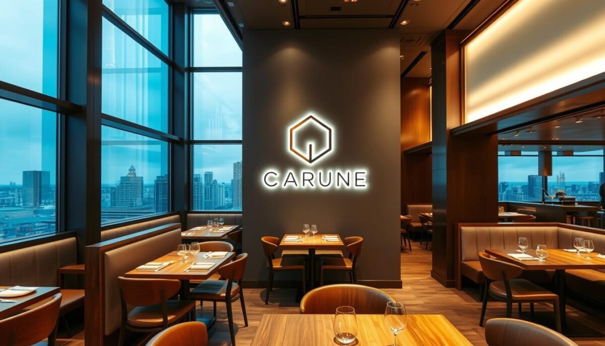 A sleek, modern restaurant interior with a strong visual identity. In the foreground, a minimalist logo design with clean typography is prominently displayed on the wall. The middle ground features a cohesive color palette of warm wood tones, muted greens, and brushed metal accents that create a sophisticated, inviting ambiance. The background showcases large windows offering a panoramic view of the city skyline, bathed in the soft, even lighting of carefully placed fixtures. The overall scene conveys a sense of clarity, consistency, and a well-defined brand vision that draws customers in and leaves a lasting impression.