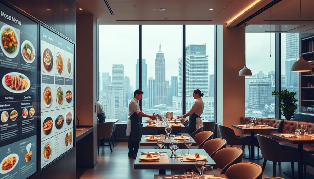 A sleek, modern restaurant interior with soft lighting and clean lines. In the foreground, a digital menu board displays tempting dishes, dynamically updated with AI-powered recommendations tailored to each customer's preferences. In the middle ground, a team of chefs and servers efficiently collaborate, leveraging AI-driven data insights to optimize the menu and enhance the dining experience. The background features floor-to-ceiling windows overlooking a bustling city skyline, conveying a sense of sophistication and technological innovation.