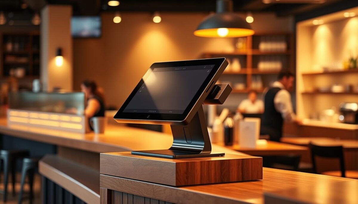 A sleek, modern restaurant point-of-sale system stands on a sturdy wooden counter, its touchscreen display and streamlined design conveying efficiency and ease of use. Warm, focused lighting illuminates the system, casting a subtle glow and highlighting its intuitive interface. In the background, the restaurant's ambiance is subtly suggested - perhaps the faint silhouettes of servers moving about or the soft murmur of conversation, creating a sense of the system's integration into the overall dining experience. The overall impression is one of a thoughtfully designed, powerful tool that enhances the restaurant's operations without drawing undue attention to itself.