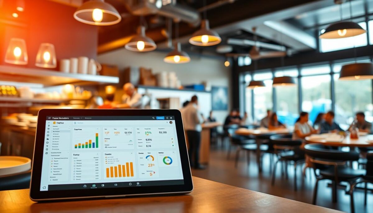 A sleek, modern software interface showcasing real-time restaurant inventory data and analytics. In the foreground, a tablet or laptop display presents a clean, intuitive dashboard with customizable charts, graphs, and tables. The middle ground features a well-stocked restaurant kitchen, with chefs and staff efficiently managing supplies and inventory. In the background, a bustling dining room sets the scene, with patrons enjoying their meals. The lighting is warm and natural, conveying a sense of productivity and efficiency. The overall atmosphere is one of technological sophistication seamlessly integrated with the daily operations of a thriving restaurant business.