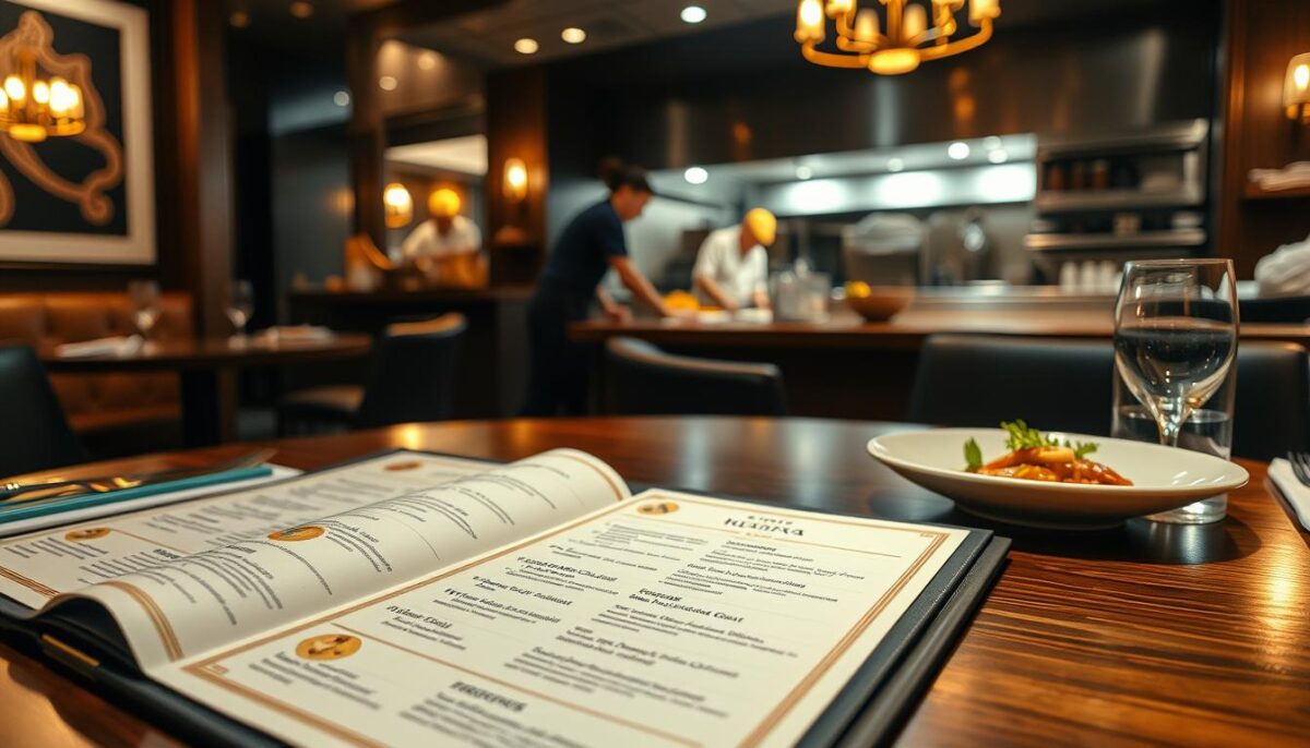 A sophisticated upscale restaurant setting, with a beautifully presented menu laid out on a polished wooden table. The menu features carefully curated dishes, their descriptions hinting at innovative flavor combinations and unique presentation. The lighting is warm and inviting, creating a cozy and sophisticated ambiance. In the background, a glimpse of the kitchen staff preparing the dishes with precision and attention to detail. The overall scene conveys a sense of culinary excellence, where the menu is a canvas for the chef's creativity and the restaurant's commitment to keeping its customers engaged and coming back.
