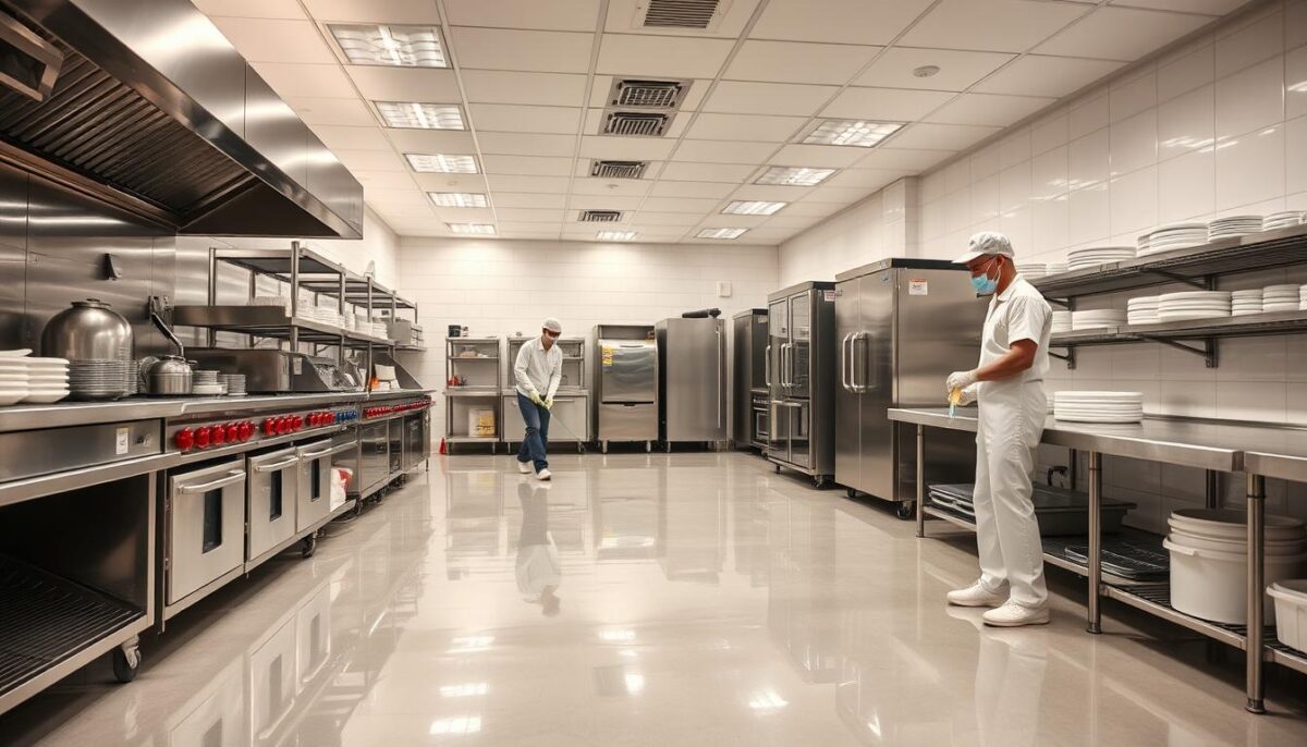 A spotlessly clean and well-organized commercial kitchen, with gleaming steel appliances and surfaces meticulously wiped down. The floor is polished to a shine, while the shelves and storage areas are neatly arranged with labeled containers. Bright, even lighting illuminates every corner, casting a warm, inviting glow. The air is crisp and fresh, free of any lingering odors. In the foreground, a team of attentive staff members in pristine uniforms, diligently scrubbing and disinfecting every inch of the space. The overall scene conveys a strong sense of professionalism, hygiene, and a commitment to maintaining the highest standards of cleanliness.