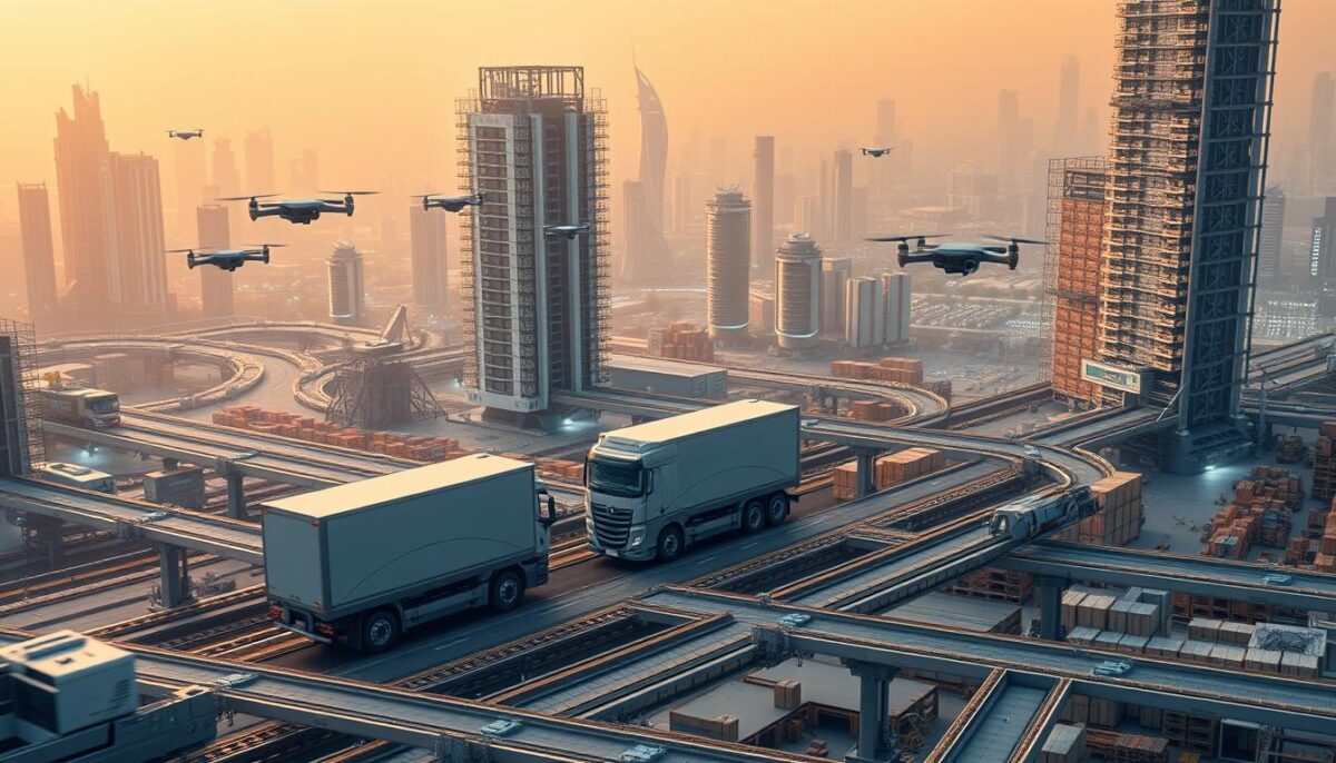 A sprawling network of futuristic logistics hubs, bustling with advanced robotics, autonomous vehicles, and data-driven decision-making. In the foreground, a trio of sleek, self-driving delivery trucks navigates an intricate web of conveyor belts and warehousing systems, seamlessly integrating AI-powered inventory management. The middle ground showcases a towering, fully automated fulfillment center, its towering shelves meticulously stocked and retrieved by nimble, precision-engineered drones. In the background, a panoramic vista of gleaming skyscrapers and futuristic cityscapes, illuminated by a warm, diffused lighting that evokes a sense of technological prowess and efficiency. The overall scene conveys the powerful intersection of cutting-edge technology and modern supply chain operations, a vision of a streamlined, data-driven future.
