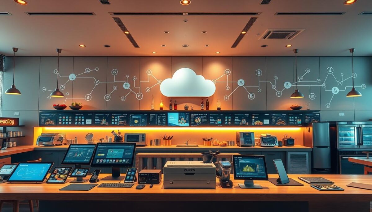 A sprawling tech stack for a modern restaurant, showcased against a sleek, minimalist backdrop. In the foreground, an array of cutting-edge devices - sleek tablets, intuitive POS terminals, and robust kitchen displays. The middle ground features a central cloud-based platform, integrating inventory management, customer analytics, and automated ordering. In the background, a network of IoT sensors and smart appliances, monitoring everything from energy usage to food prep. Warm, diffused lighting illuminates the scene, creating a sense of sophistication and efficiency. Captured through a wide-angle lens, the image conveys the seamless symphony of technology that powers the restaurant of the future.
