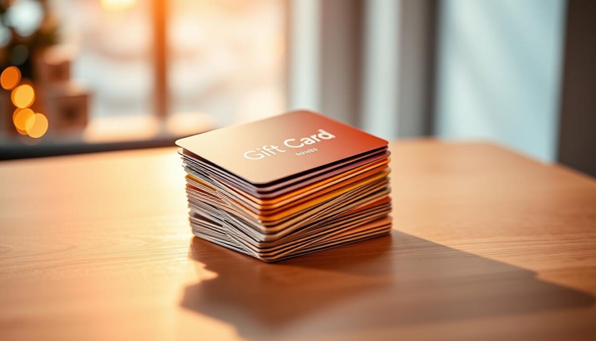 A stack of colorful, glossy gift cards in a variety of denominations, arranged artfully on a sleek, modern wooden tabletop. The cards are backlit with a warm, inviting glow, casting soft shadows that add depth and dimension to the scene. The lighting is soft and diffused, creating a cozy, festive atmosphere. The cards are presented in an elegant, minimalist layout, with clean lines and a sophisticated color palette of gold, silver, and holiday hues. The image conveys a sense of holiday cheer and the allure of gift-giving, perfectly capturing the essence of a strategic gift card campaign with bonus incentives.