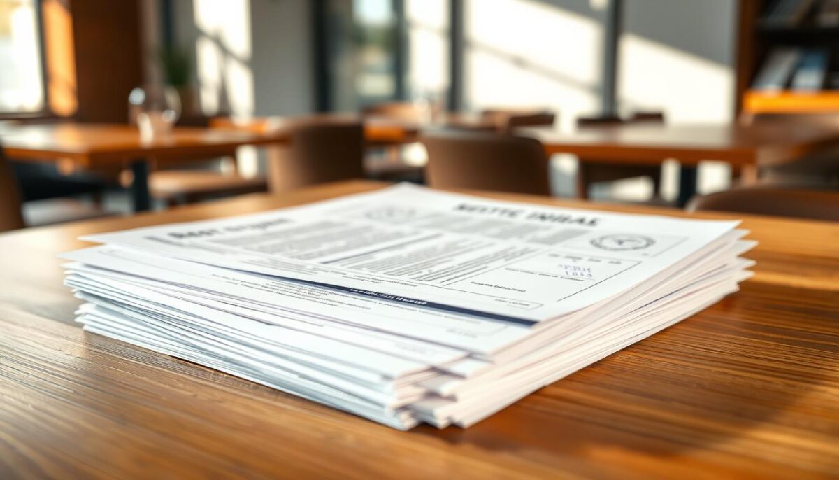 A stack of professional-looking restaurant lease documentation papers, neatly organized on a wooden desk. The papers have various sections, stamps, and signatures, conveying the legal and official nature of the documents. The desk is well-lit, with a warm, natural lighting that casts subtle shadows, creating depth and texture. In the background, a blurred view of a modern, minimalist office setting, hinting at the context of a business transaction. The overall atmosphere is one of seriousness, attention to detail, and the importance of proper legal and financial preparation for a restaurant launch.