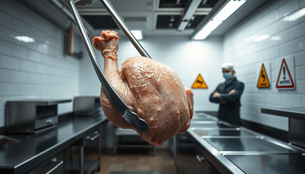 A stark white industrial kitchen bathed in harsh overhead lighting. In the foreground, a set of metal tongs grasps a raw chicken, its skin glistening with condensation. Stainless steel countertops and gleaming chrome appliances surround the scene, conveying a clinical, hygienic atmosphere. The middle ground features a selection of food safety warning signs, their bold colors and simple pictograms emphasizing the importance of proper handling and storage protocols. In the background, a shadowy figure in a hairnet and lab coat stands sternly, underscoring the gravity of food safety violations and their financial consequences.