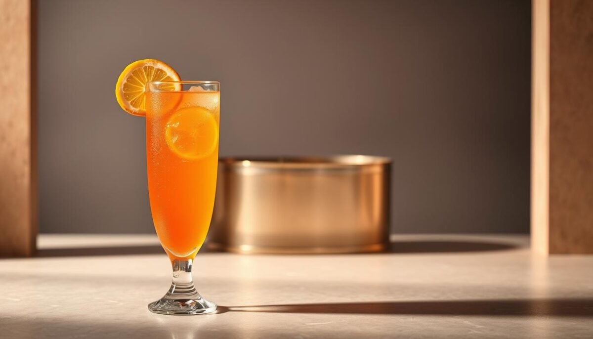 A stylish low-alcohol beverage set against a sleek, minimalist backdrop. In the foreground, a tall glass filled with a vibrant, translucent liquid, garnished with a delicate citrus twist. The lighting is soft and warm, casting a gentle glow on the glass and the surrounding surfaces. In the middle ground, a sleek metal or stone surface, reflecting the beverage and adding a touch of modern elegance. The background is a muted, neutral tone, allowing the beverage to take center stage. The overall atmosphere is one of sophistication, balance, and a mindful approach to indulgence.
