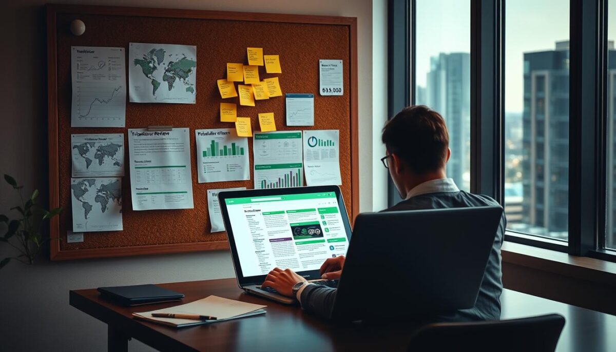 A thoughtful, strategy-focused Tripadvisor review process depicted through a composed, well-lit scene. In the foreground, a person sitting at a desk, intently reviewing and composing a detailed Tripadvisor review on a laptop. The middle ground features a corkboard with Post-It notes, maps, and review analytics, conveying a structured, methodical approach. The background showcases a window overlooking a bustling city, suggesting a professional office environment. Warm lighting, a muted color palette, and a pensive, focused mood set the tone for a successful review strategy.