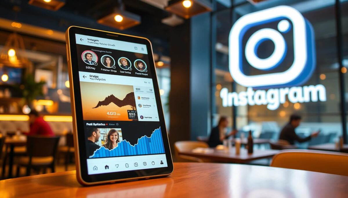 A vibrant, modern restaurant interior with strategic Instagram growth displayed through digital analytics and social media engagement metrics. The foreground features a sleek tablet or smartphone displaying visually appealing Instagram post analytics, follower growth trends, and engagement statistics. The middle ground showcases an elegant dining area with stylish furnishings, warm lighting, and diners actively using their smartphones, capturing the restaurant's ambiance. The background depicts a large, visually striking Instagram logo or icon, symbolizing the central role of the social media platform in the restaurant's marketing strategy. The overall scene conveys a sense of digital-savvy, data-driven growth and a thriving, Instagram-friendly restaurant experience.