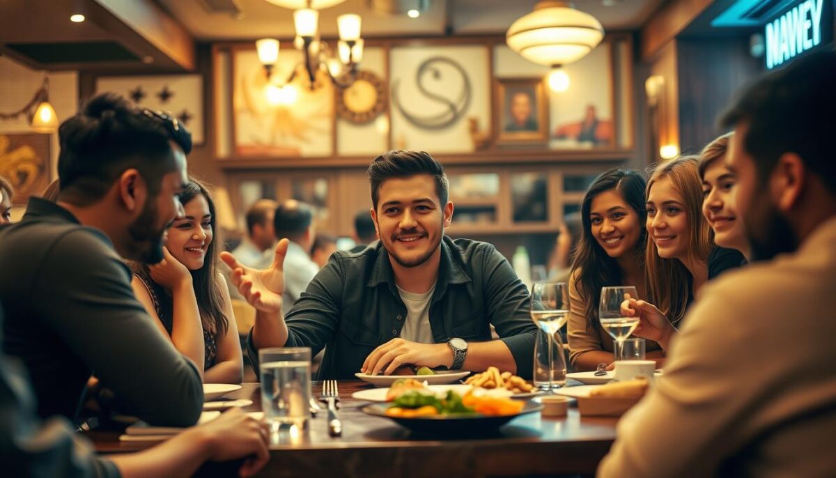 A vibrant restaurant interior, with a TikTok star seated at a table, surrounded by a group of engaged diners. The scene is bathed in warm, soft lighting, creating an inviting and social atmosphere. The influencer gestures expressively, captivating the attention of the patrons, who lean in with genuine interest. In the background, the restaurant's signature decor and ambiance subtly complement the focal point. The composition emphasizes the collaborative nature of the influencer's partnership with the establishment, highlighting the potential for TikTok marketing to drive engagement and promote the restaurant's unique offerings.