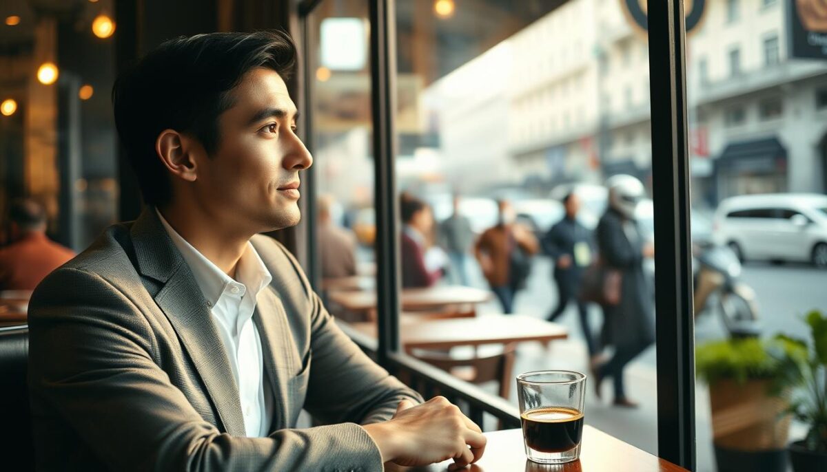 A well-dressed, 30-something professional sitting at a cafe table, gazing thoughtfully out the window. Warm, natural lighting filters through the glass, casting a soft glow on their face. The table is adorned with a simple place setting and a half-full cup of coffee, suggesting a leisurely moment of contemplation. The background is a bustling city street, with pedestrians and vehicles passing by, creating a sense of energy and activity in contrast to the subject's introspective pose. The overall mood is one of quiet observation and subtle sophistication, reflecting the needs and interests of the restaurant's target customer.