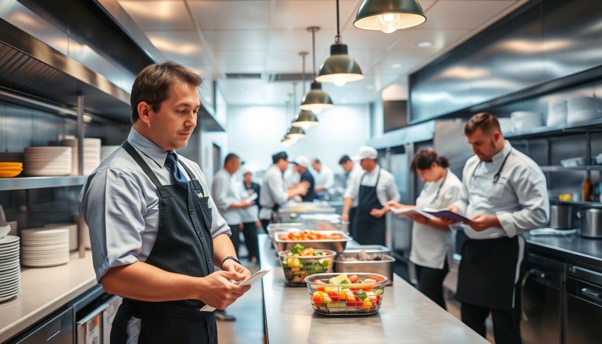 A well-lit commercial kitchen during a health inspection. In the foreground, a health inspector in a crisp uniform thoroughly examines the kitchen surfaces, equipment, and food storage areas. The middle ground features restaurant staff diligently following protocol, monitoring temperatures and documenting compliance. In the background, the bustling activity of the kitchen continues, with chefs and servers working efficiently to maintain high standards of cleanliness and safety. The scene conveys a sense of professionalism, attention to detail, and a shared commitment to upholding food safety regulations.