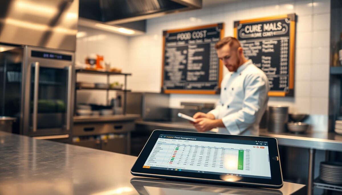 A well-lit commercial kitchen with stainless steel appliances and countertops. In the foreground, an open food cost management spreadsheet on a tablet, displaying real-time data and analytics. In the middle ground, a chef in a crisp white uniform carefully tracking inventory levels and monitoring prices. In the background, a wall-mounted chalkboard displaying a detailed menu with item costs. Soft, warm lighting casts a professional, organized atmosphere, conveying the importance of precise food cost management for improving profit margins.