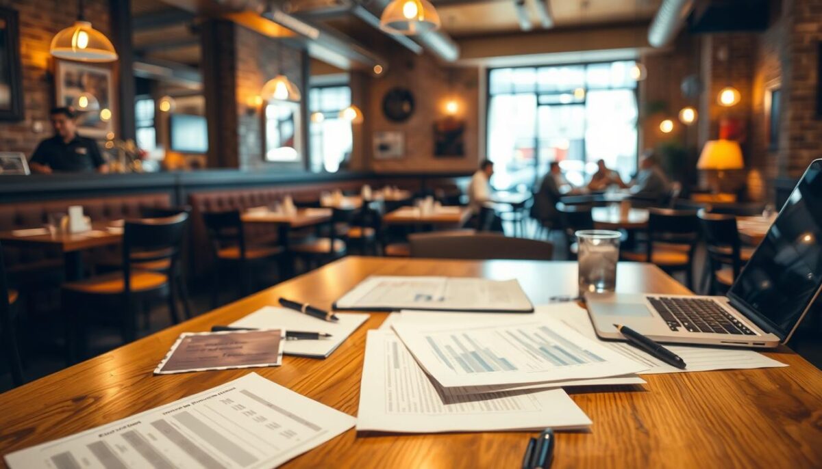 A well-lit, high-contrast photograph of a restaurant case study. The foreground features a wooden table with various documents, notes, and a laptop computer, suggesting an in-depth analysis of sales data and marketing strategies. The middle ground showcases the restaurant's interior, with warm lighting, exposed brick walls, and cozy seating areas, creating an inviting atmosphere. The background is slightly blurred, but hints at a bustling dining room, conveying the restaurant's vibrant energy and success. The overall mood is one of diligent study, careful planning, and a thriving business.