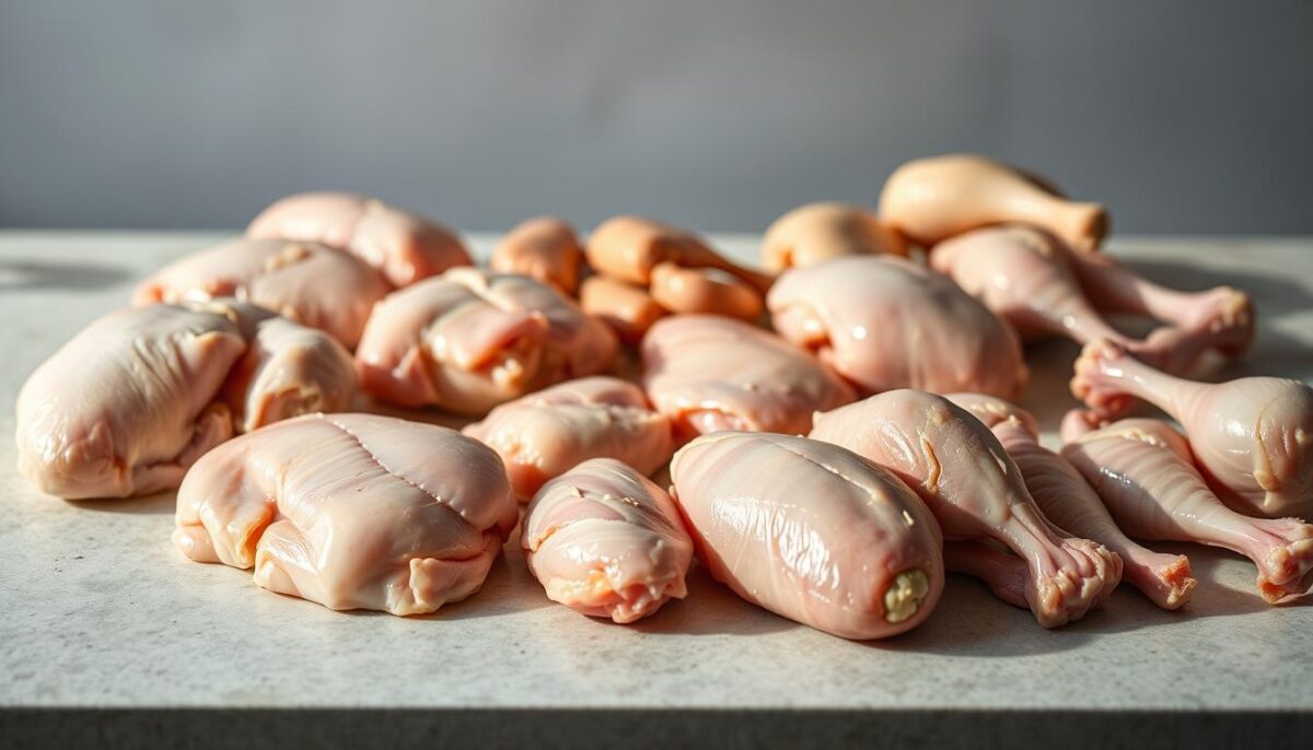 A well-lit, high-quality photograph of a table displaying various chicken cuts, including breasts, thighs, and wings. The chicken pieces are arranged neatly, showcasing their color, texture, and overall appearance. The image is captured with a professional-grade camera, using a shallow depth of field to focus the viewer's attention on the chicken. The lighting is soft and natural, casting subtle shadows that accentuate the contours of the meat. The background is a plain, neutral-colored surface, allowing the chicken to be the central focus of the composition. The overall atmosphere conveys a sense of careful examination and evaluation of the product's quality.